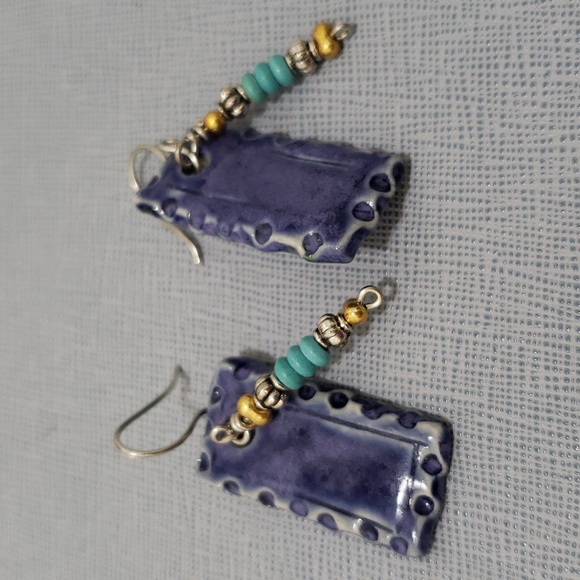 New Attractive Blue Ceramic and Turquoise Beads Dangle Earrings Mixed Metals - Picture 3 of 8